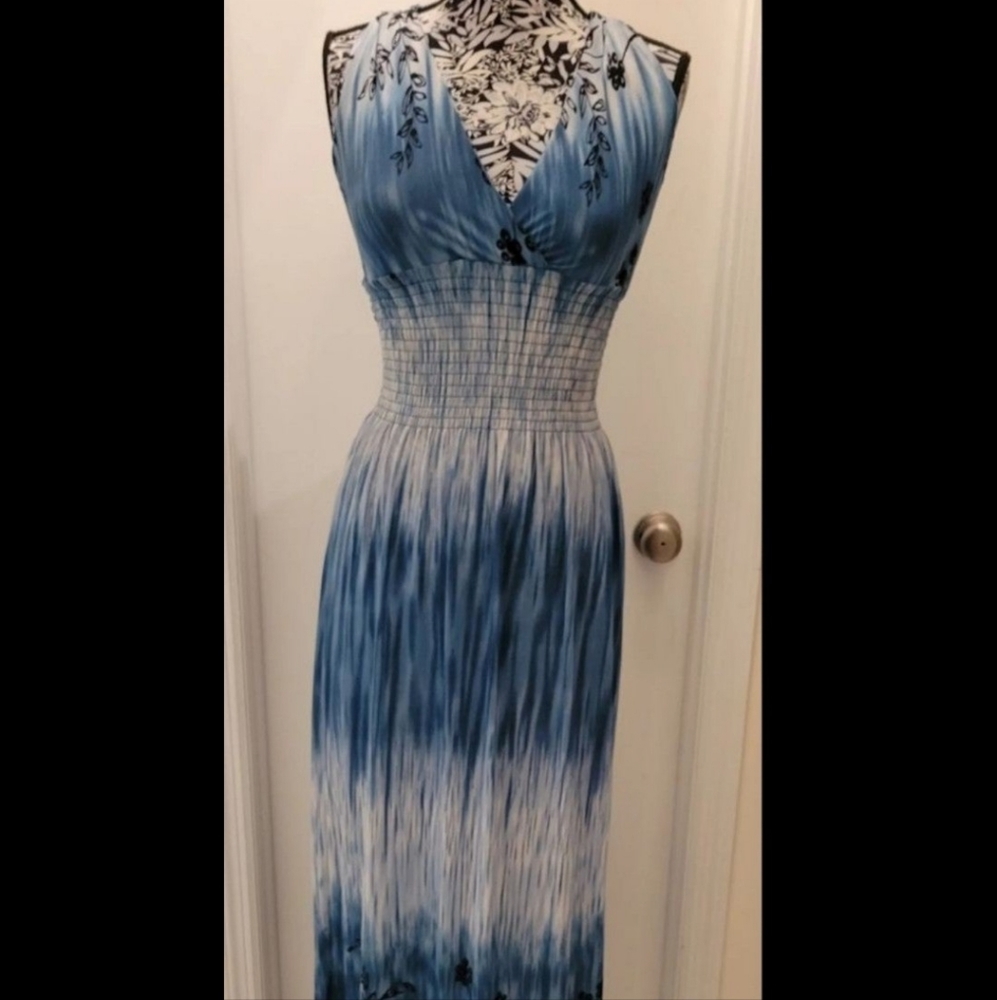 Multi media water color smocked maxi dressace detail to back  plunge nec…